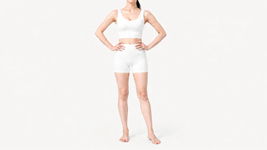 정면 여성 모델에 바디 레이저 제모 가능 부위를 안내하는 이미지
